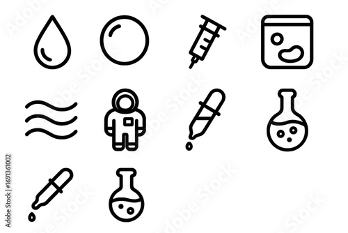 Zero Gravity Fluid Icons. Outline icon set of fluid dynamics in zero gravity: water droplet, bubble, syringe,