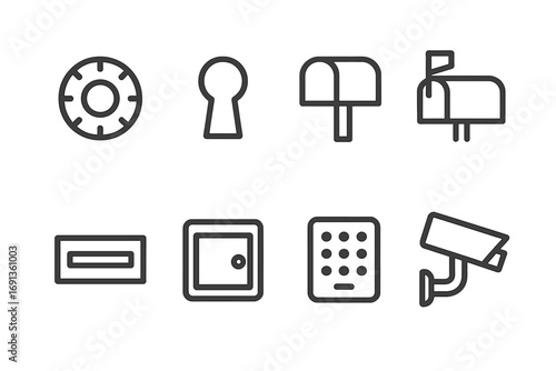 PO Box Icon Set. Outline icon set of PO box features: combination lock, keyhole, mailbox flag, nameplate, mail slot, parcel