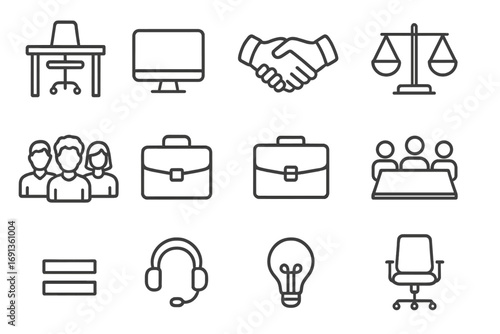 Workplace Equality Icons. Outline icon set of workplace equality: office desk, computer, handshake, scale,