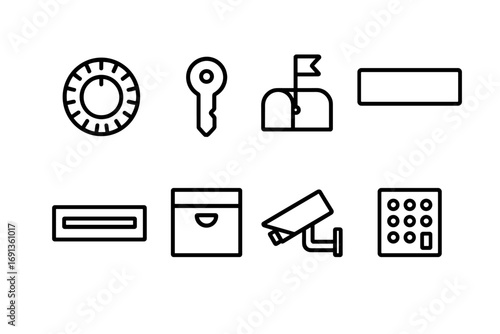 PO Box Icon Set. Outline icon set of PO box features: combination lock, keyhole, mailbox flag, nameplate, mail slot, parcel