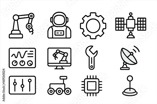 Space Robotics Icons. Outline icon set of robotics in space labs: robotic arm, astronaut, gear, satellite,