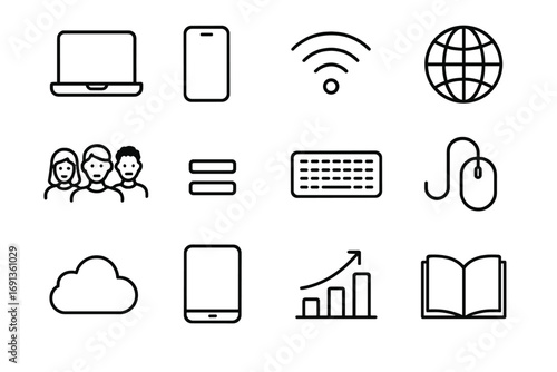 Digital Equality Icons. Outline icon set of digital equality: laptop, smartphone, Wi-Fi, globe, cloud, diverse