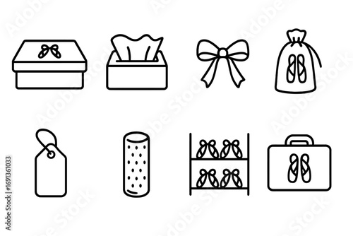 Pointe Shoe Packaging Icons. Outline icon set of pointe shoe packaging: shoe box, tissue paper, ribbon tie, shoe bag, label tag,