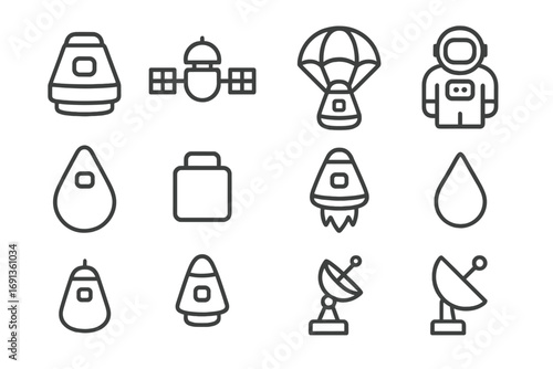 Orbital Experiment Icons. Outline icon set of orbital experiment capsules: capsule, satellite, parachute,