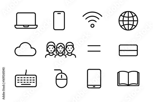 Digital Equality Icons. Outline icon set of digital equality: laptop, smartphone, Wi-Fi, globe, cloud, diverse