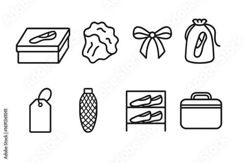 Pointe Shoe Packaging Icons. Outline icon set of pointe shoe packaging: shoe box, tissue paper, ribbon tie, shoe bag, label tag,