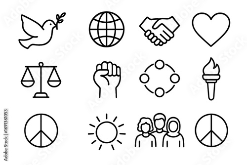 Peace and Equality Icons. Outline icon set of peace and equality: dove, olive branch, globe, handshake, heart,