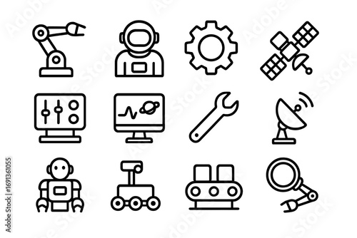 Space Robotics Icons. Outline icon set of robotics in space labs: robotic arm, astronaut, gear, satellite,