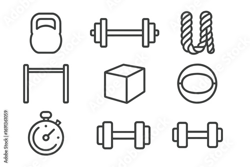 Crossfit Icon Set. Outline icon set of Crossfit workouts: kettlebell, barbell, rope, pull-up bar, box jump,