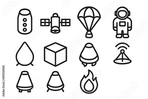 Orbital Experiment Icons. Outline icon set of orbital experiment capsules: capsule, satellite, parachute,