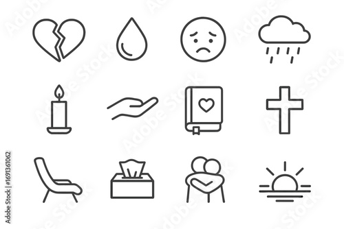 Emotional Support Icons. Outline icon set of facing emotional challenges: broken heart, tear drop, sad face,