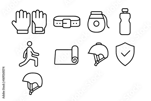 Gym Safety Icons. Outline icon set of gym safety: gloves, belt, chalk bag, water bottle, stretching figure,