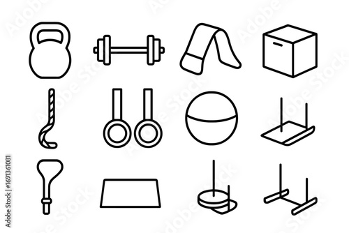 Crossfit Equipment Icons. Outline icon set of Crossfit equipment: kettlebell, barbell, resistance band, plyo