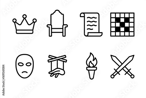 Political Icon Set. Outline icon set of political intrigue: crown, throne, scroll, chessboard, masked face, puppet strings, torch,