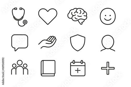 Mental Health Icons. Outline icon set of mental health support: stethoscope, heart, brain, therapy chair,