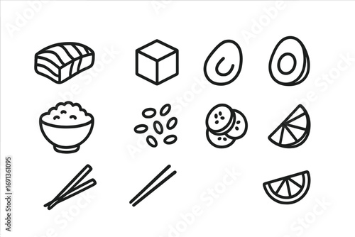 Poke Bowl Icons. Outline icon set of poke bowl ingredients: salmon slice, tuna cube, avocado half, rice bowl,