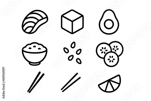 Poke Bowl Icons. Outline icon set of poke bowl ingredients: salmon slice, tuna cube, avocado half, rice bowl,