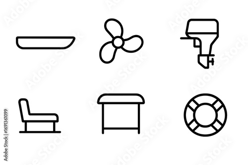 Pontoon Boat Parts Icons. Outline icon set of pontoon boat parts: hull, propeller, steering wheel, engine, seating bench, canopy,