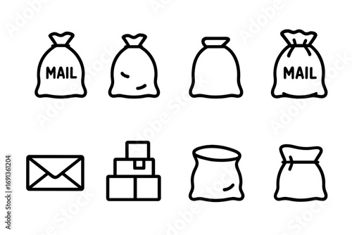 Postal Bag Icons. Outline icon set of postal bag loading: full bag, half-filled bag, empty bag, overstuffed bag, folded mail,