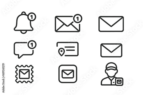 Postal Notification Icons. Outline icon set of postal notifications: notification bell, envelope with alert, tracking status, mail