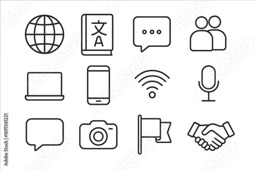 Cross-Cultural Icon Set. Outline icon set of cross-cultural communication: globe, translation book, chat