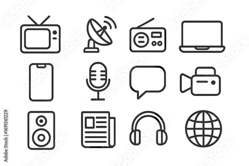 Mass Communication Icons. Outline icon set of mass communication: TV, satellite dish, radio, laptop,
