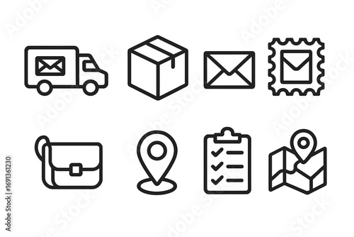 Postal Tools Icons. Outline icon set of postal delivery tools: mail truck, parcel box, envelope, postal stamp, courier bag, GPS