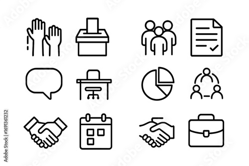 Employee Participation Icons. Outline icon set of employee participation: raised hands, voting box, group of
