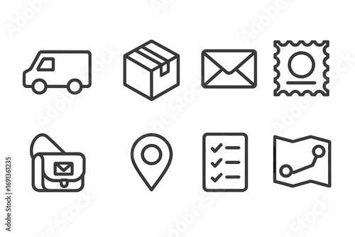 Postal Tools Icons. Outline icon set of postal delivery tools: mail truck, parcel box, envelope, postal stamp, courier bag, GPS