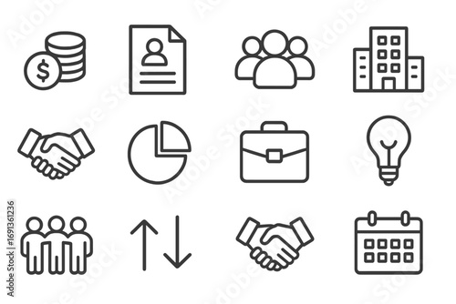 Shared Ownership Icons. Outline icon set of shared ownership: coins, document, group of people, office