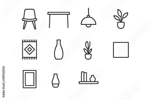 Minimalist Interior Icons. Outline icon set of minimalist interiors: chair, table, pendant lamp, rug, vase,