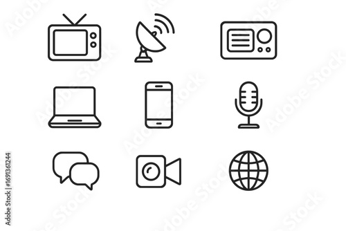Mass Communication Icons. Outline icon set of mass communication: TV, satellite dish, radio, laptop,