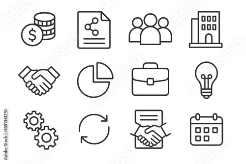 Shared Ownership Icons. Outline icon set of shared ownership: coins, document, group of people, office