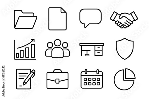 Transparent Management Icons. Outline icon set of transparent management: open folder, document, speech bubble