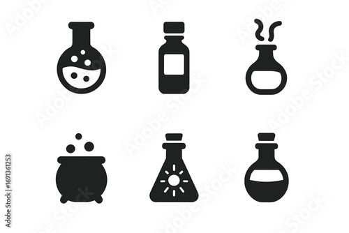 Potion Icon Set. Solid, filled icon set of potion elements: bubbling flask, labeled vial, crystal dropper, smoke bottle, potion