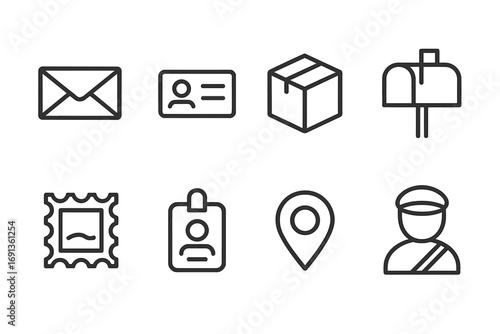 Postal Icon Outline Set. Outline icon set of mailing sender info: envelope, return address label, parcel, mailbox, postal stamp,