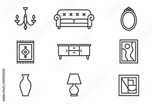 Luxury Home Icon Set. Outline icon set of luxury home staging: chandelier, velvet sofa, gold-framed mirror,