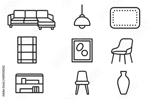 Modern Home Icons. Outline icon set of modern home staging: sectional sofa, coffee table, pendant lamp, rug,