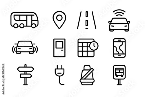 Autonomous Shuttle Icons. Outline icon set of autonomous shuttles: small bus, GPS pin, road lane, safety