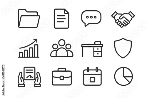 Transparent Management Icons. Outline icon set of transparent management: open folder, document, speech bubble