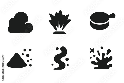 Powder Effect Icons. Solid, filled icon set of powder effects: dust cloud, powder explosion, powder puff, dust particles, powder