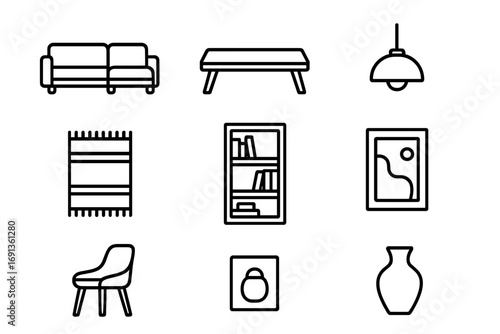 Modern Home Icons. Outline icon set of modern home staging: sectional sofa, coffee table, pendant lamp, rug,