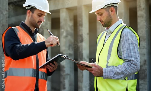 Construction Workers Examining Documents Outdoors in Safety Vests and Helmets