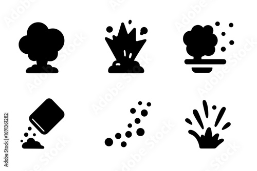 Powder Effect Icons. Solid, filled icon set of powder effects: dust cloud, powder explosion, powder puff, dust particles, powder