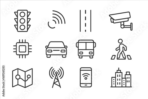 Smart Traffic Icons. Outline icon set of smart traffic systems: traffic light, radar waves, road lane, camera,