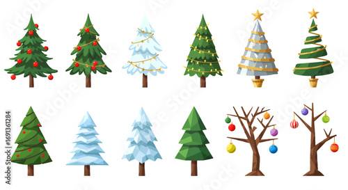 A collection of diverse Christmas tree illustrations, some decorated with ornaments and lights.