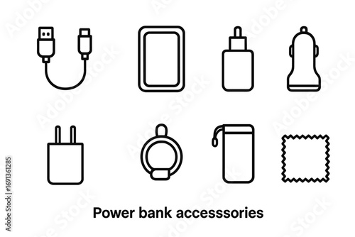 Power Bank Accessories Icons. Outline icon set of power bank accessories: charging cable, protective case, USB adapter, car