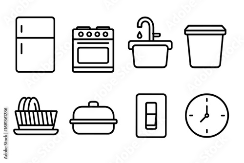 Kitchen Closure Icons. Outline icon set of closing the kitchen for the night: closed fridge, turned-off stove,