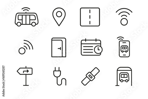 Autonomous Shuttle Icons. Outline icon set of autonomous shuttles: small bus, GPS pin, road lane, safety