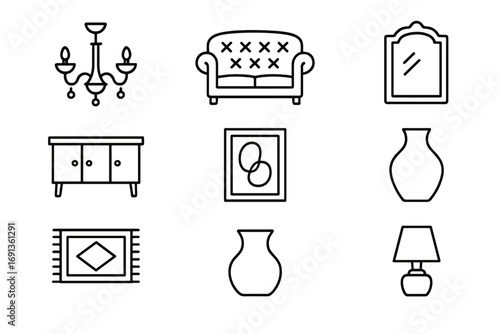 Luxury Home Icon Set. Outline icon set of luxury home staging: chandelier, velvet sofa, gold-framed mirror,